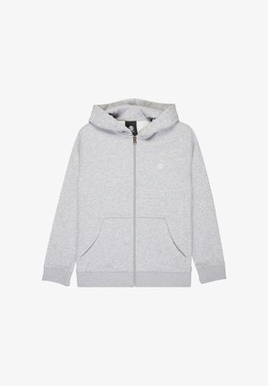 Hellgrauer Kapuzenpullover mit durchgehendem Reißverschluss, Fronttaschen, gerippten Bündchen und Saum sowie einem kleinen weißen Logo auf der linken Brust.