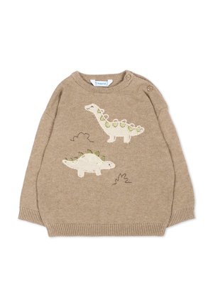 Maglione beige lavorato a maglia a manica lunga per bambino con due applicazioni di dinosauri e chiusure con bottoni sulla spalla.