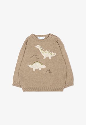 Maglione beige lavorato a maglia a manica lunga per bambino con due applicazioni di dinosauri e chiusure con bottoni sulla spalla.
