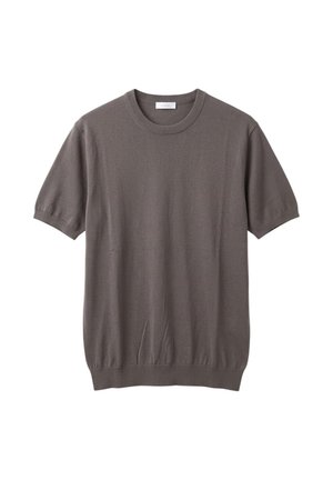 Maglione a maniche corte con scollo rotondo in grigio taupe uniforme, con polsini e orlo a coste, disteso su sfondo bianco.