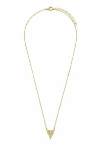 Gouden halsketting met een hartvormige hanger met een gestructureerd oppervlak en ingelegde heldere stenen. De ketting is delicaat en heeft een sluiting met een haak.