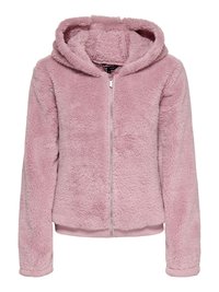 Sweat à capuche rose pelucheux avec fermeture éclair à l'avant et capuche doublée. Ourlet et poignets côtelés, doté d'un tissu doux et texturé pour plus de confort.