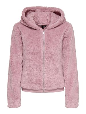 Fuzzy pink hoodie with a zip front and a lined hood. Ribbed hem and cuffs, featuring a soft, textured fabric for comfort.