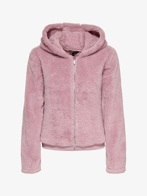 Fuzzy pink hoodie with a zip front and a lined hood. Ribbed hem and cuffs, featuring a soft, textured fabric for comfort.