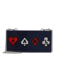 Navy rectangular clutch with silver chain, featuring red and silver glitter playing card symbols: heart, spade, diamond, and club.