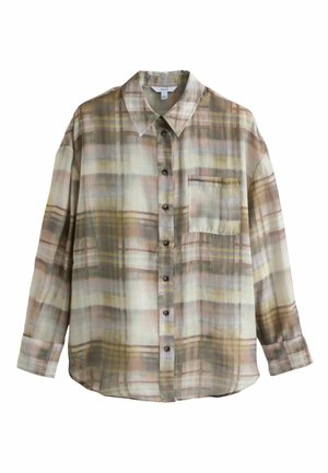 Koszula na guziki w kratę z długimi rękawami i kieszenią na piersi, wykonana z lekkiego materiału w stonowanych odcieniach beżu, brązu, różu i żółci.