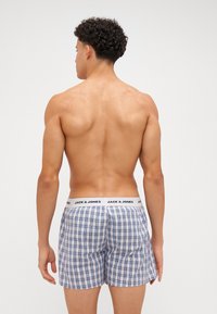 Heren boxers in een blauw-witte ruitpatroon, met een witte tailleband met zwarte branding. Van katoen met een relaxte pasvorm.
