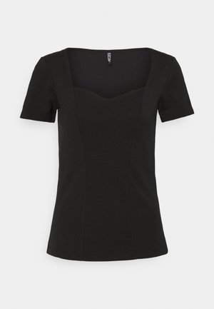 Czarny krótki top z krótkim rękawem, z kwadratowym dekoltem, dopasowany krój i detalami ściegów. Wykonany z miękkiego, elastycznego materiału.