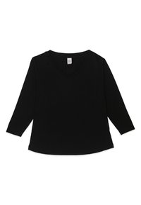 Czarna bluzka z długim rękawem w serek, wykonana z miękkiej tkaniny, charakteryzująca się luźnym krojem i zaokrąglonym dołem. Prosty design bez wzorów i akcentów.