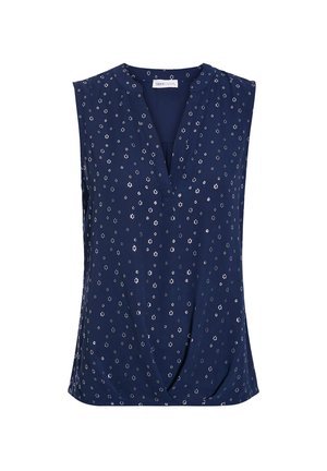 Haut sans manches bleu marine avec un col en V et un motif floral. Présente des détails froncés à l'avant et une texture de tissu lisse.