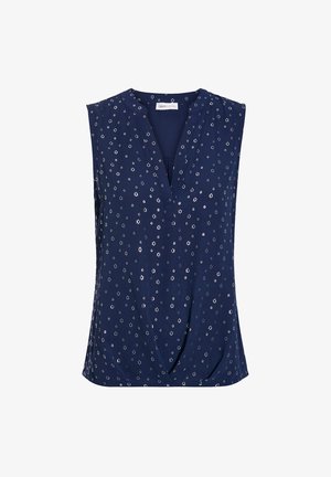 Haut sans manches bleu marine avec un col en V et un motif floral. Présente des détails froncés à l'avant et une texture de tissu lisse.