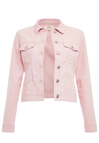 Veste en denim rose clair avec boutons argentés, poches à rabat sur la poitrine et manches longues, montrée partiellement boutonnée sur un fond blanc.