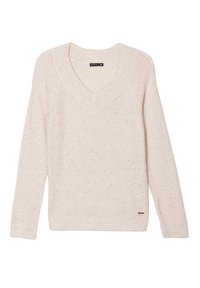 Pull V à col en V beige clair avec motif moucheté, manches longues, ourlet et poignets côtelés, présentant une petite étiquette de marque en bas à gauche.