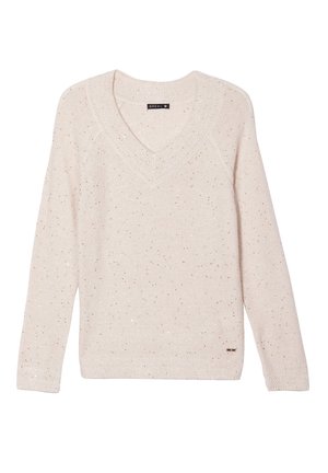 Lichtbeige V-hals trui met gespetterd patroon, lange mouwen, ribbelboord aan de onderkant en mouwen, met een klein merkje op de linksonderkant.