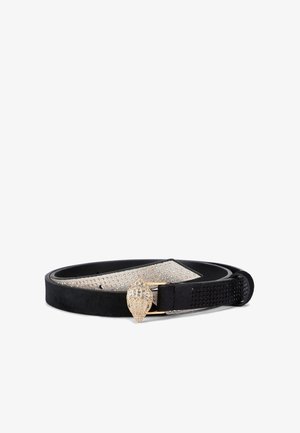 Cintura in suede nera con un inserto argentato luccicante, dotata di una fibbia a forma di conchiglia in tono oro decorata con strass.