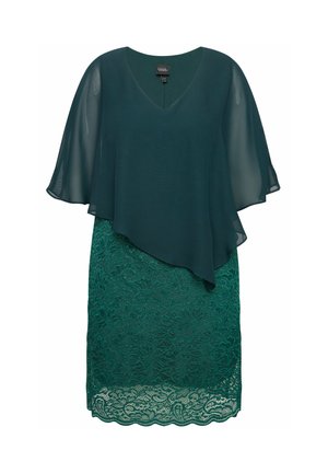 Dunkelgrünes, geschichtetes Kleid mit einem Chiffon-Oberteil und einem Spitzenunterteil. Verfügt über einen V-Ausschnitt und Flügelärmel, die Textur und Tiefe verleihen.