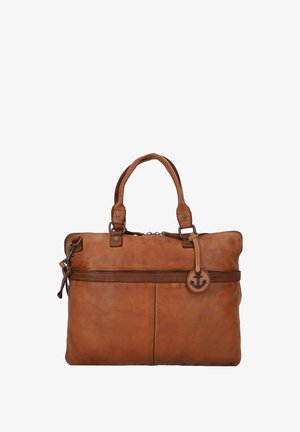 Sac à main en cuir brun avec double poignée roulée, poche zippée à l'avant et détail en forme d'ancre. Texture lisse avec des accents en cuir plus foncé.