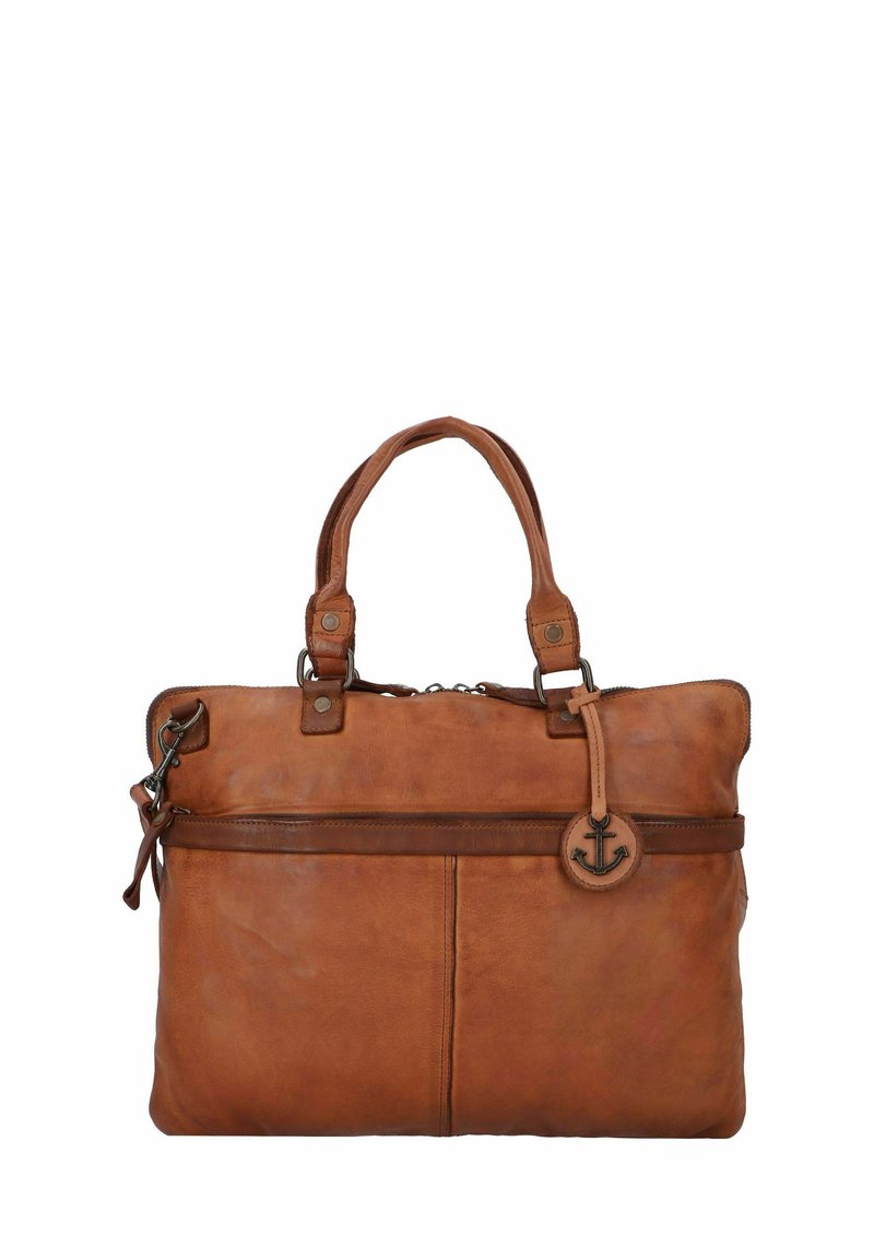 Braune Lederhandtasche mit doppelten gerollten Griffen, vorderer Reißverschlusstasche und Ankeranhängerdetail. Glatte Textur mit dunkleren Lederakzenten.