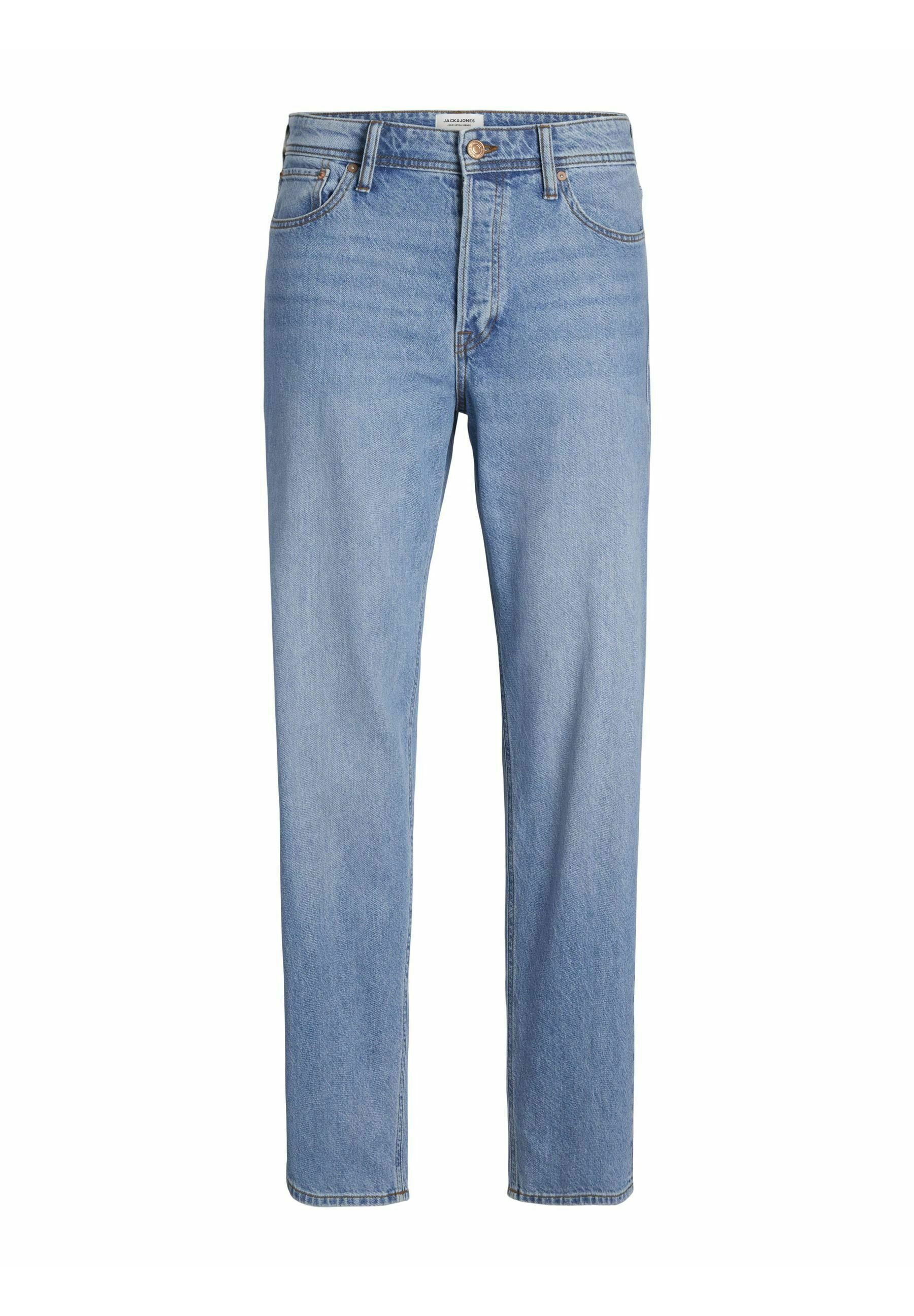Helle blaue Denim-Jeans mit geradem Schnitt, standardmäßigem Fünf-Taschen-Design und sichtbarem Nähen. Keine auffälligen Muster oder Akzente.