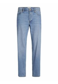 Helle blaue Denim-Jeans mit geradem Schnitt, standardmäßigem Fünf-Taschen-Design und sichtbarem Nähen. Keine auffälligen Muster oder Akzente.