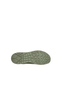 Rubber sole with deep treads in olive green, featuring a textured surface and angular patterns for enhanced grip and traction.