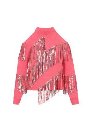 Rózsaszín pulóver magas nyakkal, melynek elülső és hátsó részén diagonális ezüst flitteres rojtos részletek találhatók, puha textúrával.