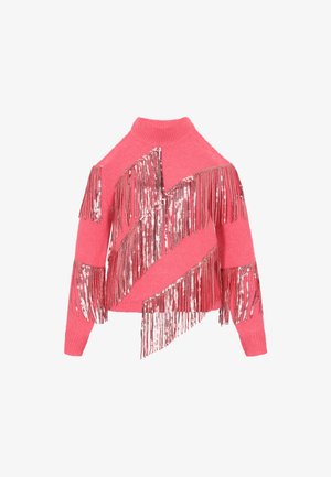 Rózsaszín pulóver magas nyakkal, melynek elülső és hátsó részén diagonális ezüst flitteres rojtos részletek találhatók, puha textúrával.