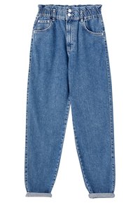 Jeans en denim bleu taille haute avec une taille paperbag, une double fermeture à boutons, des poches avant et des revers retroussés.