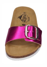 Fuchsia metallic slide sandal with a wide strap, adjustable silver buckle, and a contoured tan footbed. White sole, made in Spain.