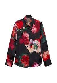 Chemise à imprimé floral noir avec de grandes fleurs rouges, roses et vertes, col classique, manches longues et poignets boutonnés, confectionnée dans un tissu lisse.