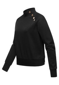 Felpa nera con colletto alto, tre bottoni decorativi sulla spalla sinistra e polsini a coste. Tessuto morbido, vestibilità rilassata e design minimalista.