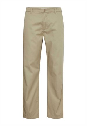 Beige cotton trousers with a straight leg design, front button closure, two side pockets, and belt loops. Smooth texture with no visible patterns.