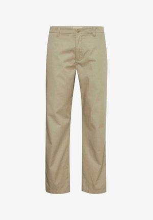 Beige cotton trousers with a straight leg design, front button closure, two side pockets, and belt loops. Smooth texture with no visible patterns.