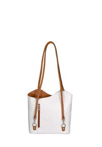 Borsa a tracolla bianca con finitura testurizzata, dettagli in pelle marrone chiaro, due tracolle e una tasca con zip frontale.
