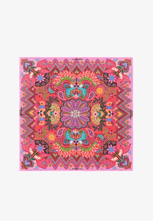 Foulard carré ornés d'un motif floral et géométrique vif dans des tons de rose, bleu, vert et noir, avec des détails complexes et une finition à bord.