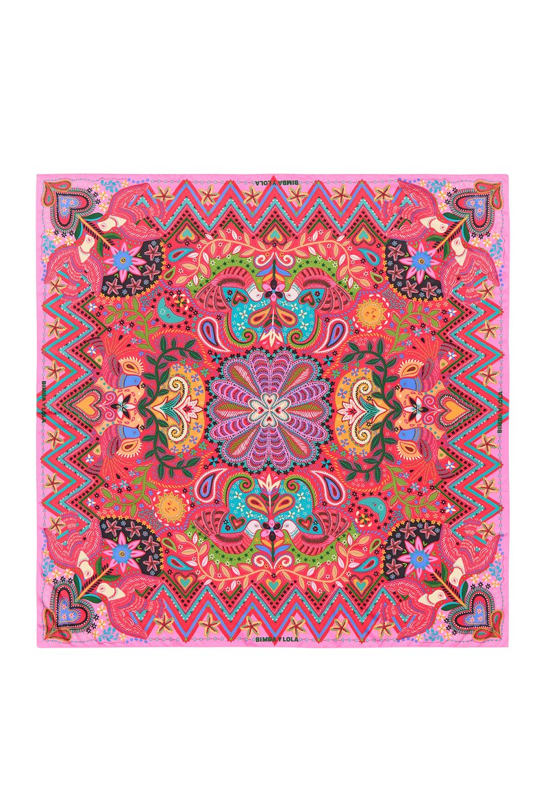 Foulard carré ornés d'un motif floral et géométrique vif dans des tons de rose, bleu, vert et noir, avec des détails complexes et une finition à bord.