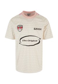 Světle růžový a krémový vzorovaný jersey s kulatým výstřihem, krátkými rukávy, textem "The Original" a erbem s růžemi a slovem "BROOKLYN."