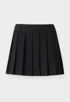 Black pleated skirt with a tailored waistband, made from lightweight fabric. Features evenly spaced folds and a simple, clean design.