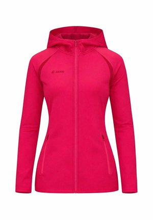 Giacca con cappuccio da donna di colore rosa acceso, con zip frontale, maniche lunghe, tasche laterali con zip e logo del marchio discreto sul petto.