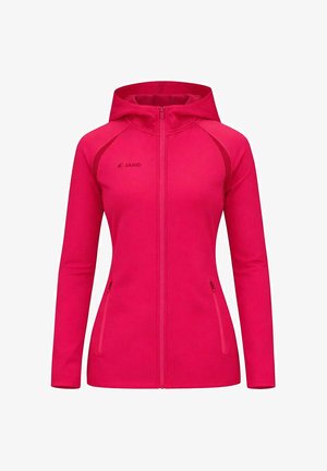 Leuchtend pinke Damen-Kapuzenjacke mit Reißverschluss, langen Ärmeln, seitlichen Reißverschlusstaschen und dezentem Markenlogo auf der Brust.