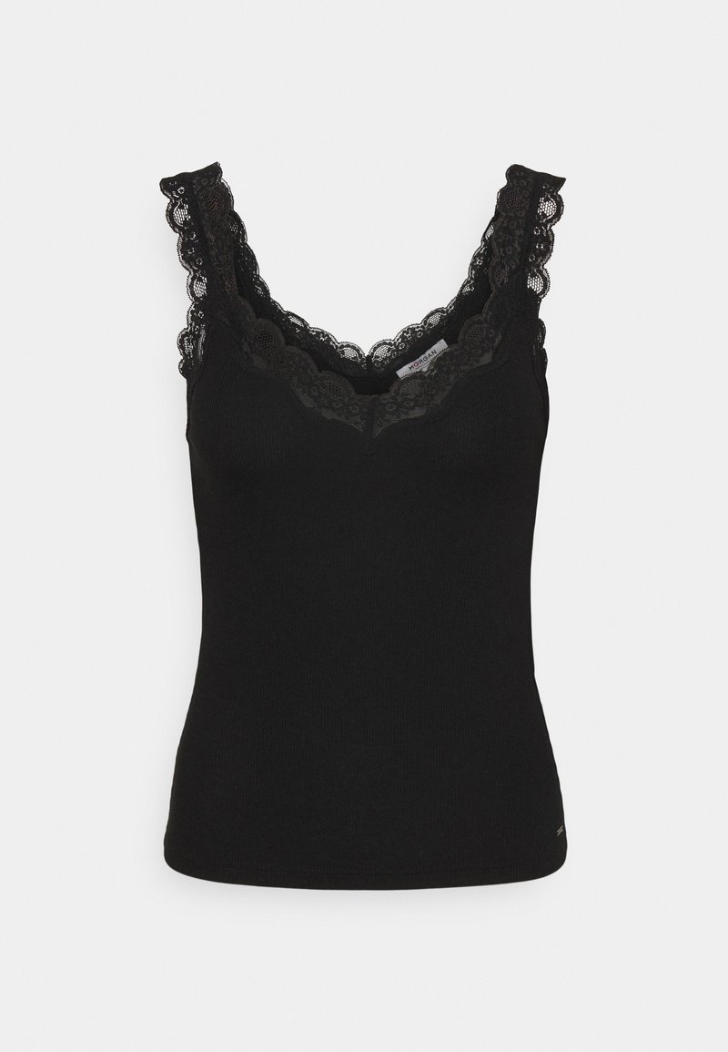 Débardeur noir sans manches en maille côtelée avec bordure en dentelle au niveau de l'encolure et des bretelles, présenté sur un fond blanc.