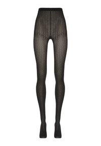 Sorte mønstrede gennemsigtige strømpebukser med højt talje, der har et geometrisk blonderdesign fra taljen til tæerne.