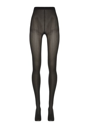 Zwarte patroon sheer pantys met een hoge tailleband, voorzien van een geometrisch kantdesign van taille tot tenen.