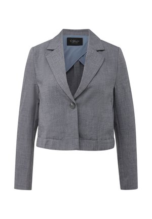 Grijs cropped blazer met lange mouwen, enkele knoopsluiting, brede revers en lichtblauwe voering van S. Oliver Black Label.