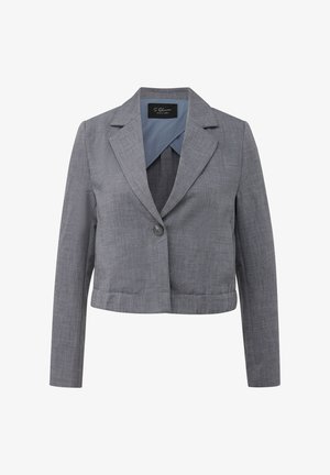 Blazer gris court à manches longues, fermeture par un bouton unique, larges revers et doublure intérieure bleu clair de S. Oliver Black Label.