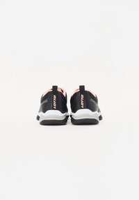 Black athletic shoes with pink accents, featuring a textured upper, white sole, and pull-tab at the heel for easy wear.