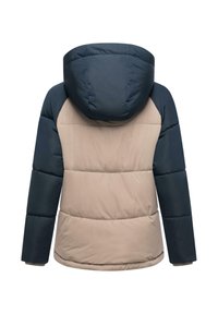 Vadderad jacka med tvåfärgad design: beige kropp och mörkblå ärmar, med huva och ribbade manschetter. Slät textur med sömnadsdetaljer.