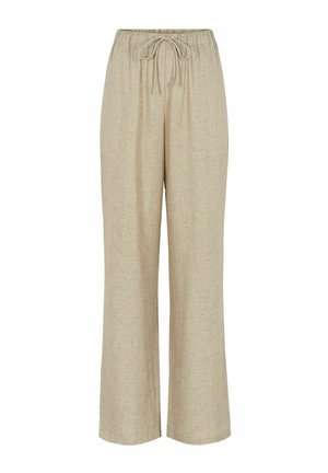 Beige linnen broek met wijde pijpen, elastische tailleband en verstelbare trekkoord, geschikt voor casual draagmomenten.