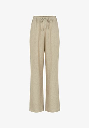 Beige linnen broek met wijde pijpen, elastische tailleband en verstelbare trekkoord, geschikt voor casual draagmomenten.