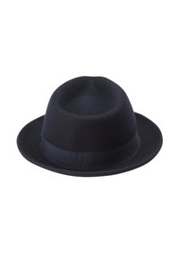 A dark navy fedora hat with a wide ribbon band, resting on a white background. The hat has a rounded crown and a flat brim.